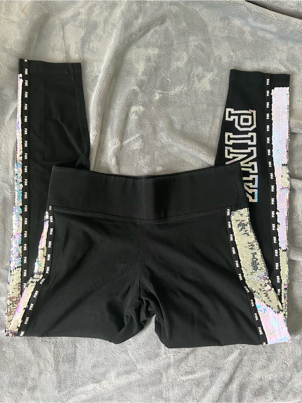 PINK Victoria's Secret Black Leggings with Iridescent Sequin Side Panels